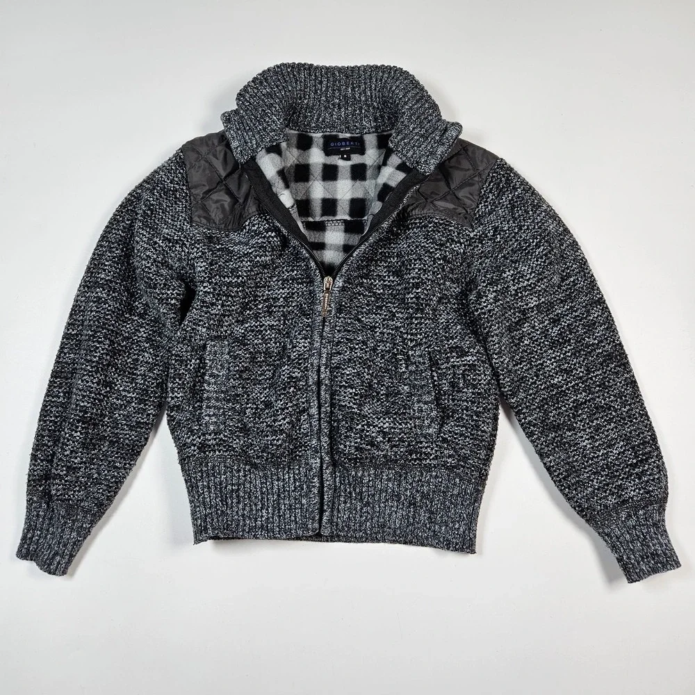 Gioberti Knit Cardigan Sweater Boys 8‎ Gray Full Zip Fleece Quilted Yoke Jacket